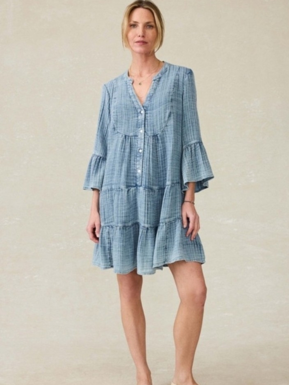 Faherty Dream Cotton Gauze Kasey Soft Blue Tiered Button-Front Mini Dress XS